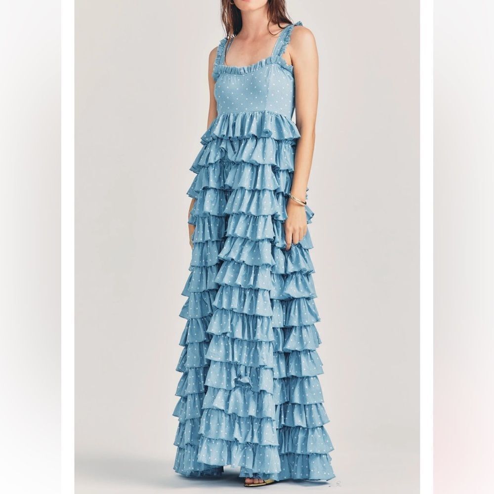 Loveshackfancy Idra Cotton Polka Dot Maxi Dress Blue Bonnet Size 8 Msrp $625